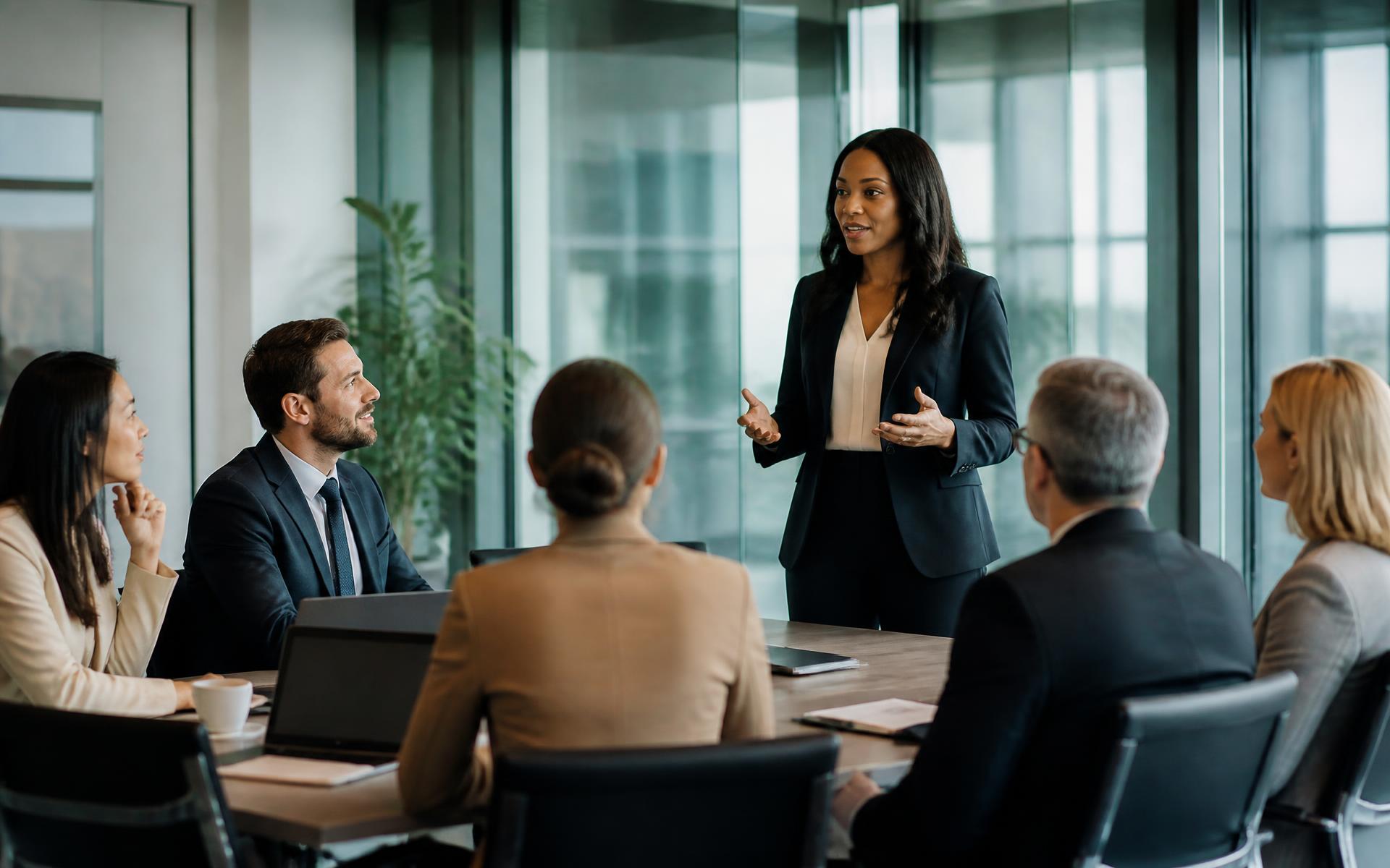 A diverse executive leadership team meeting led by a Black woman executive in a bright modern conference room